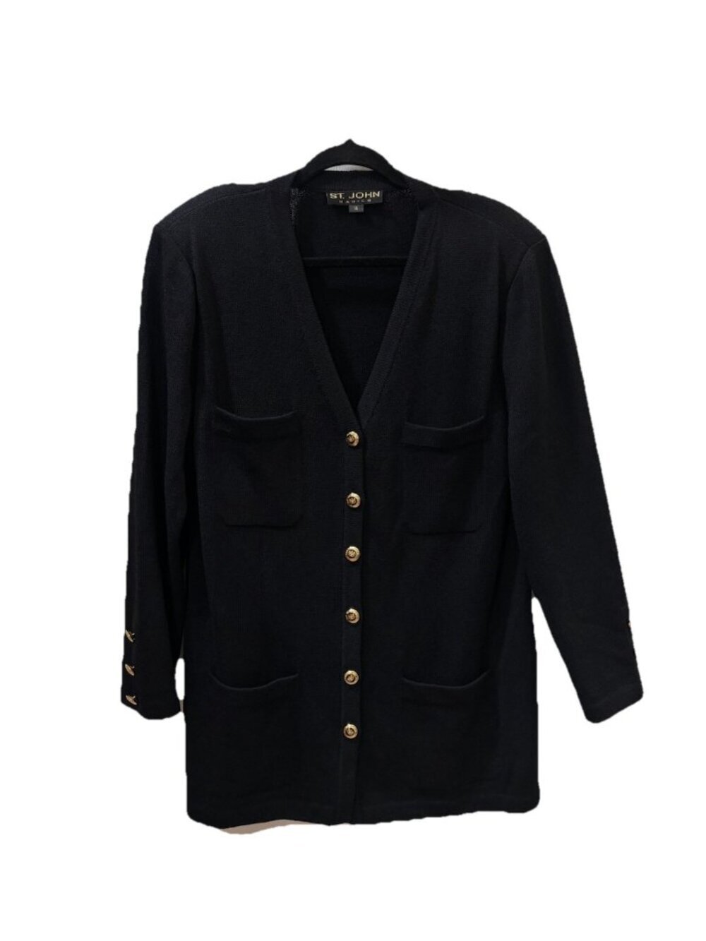 St. John Basics Black Vintage V Neck Knit Cardigan Jacket Patch Pockets Size 14